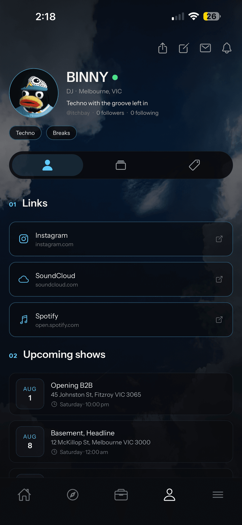 An artist profile and press kit in Setdrop