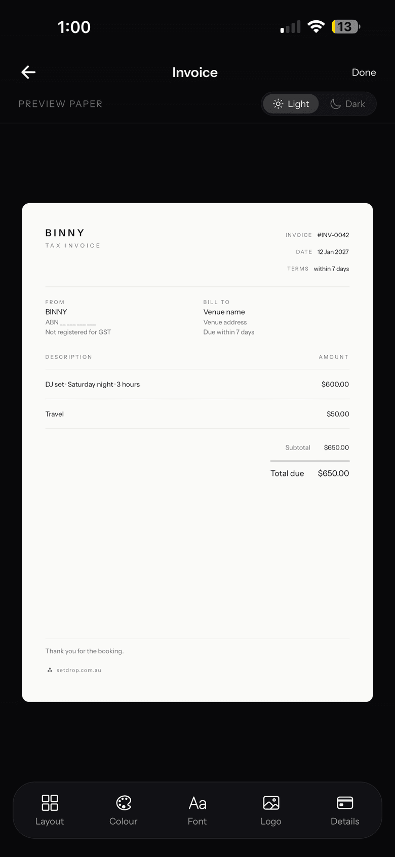 An invoice generated from a booking